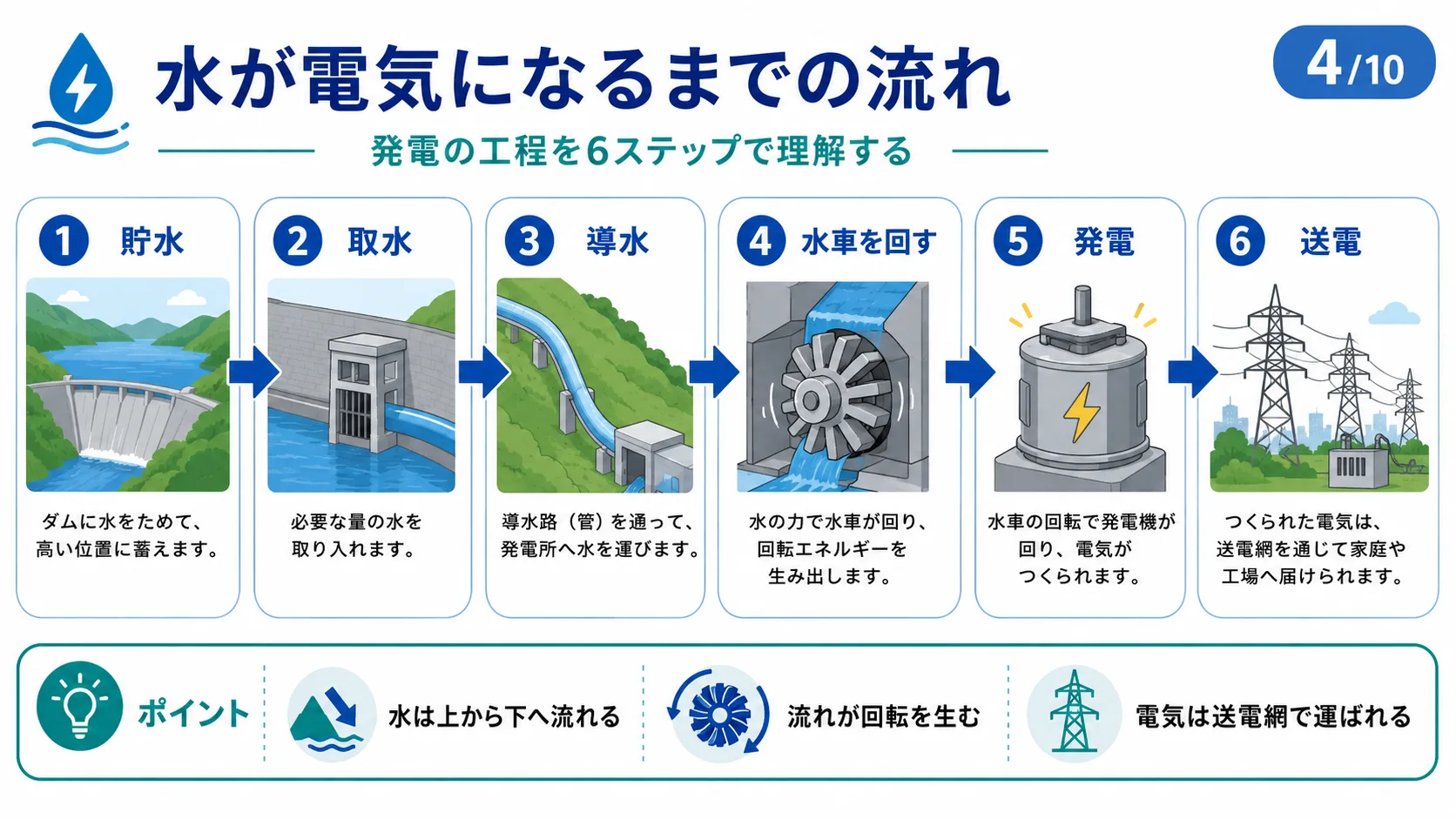 水が電気になるまでの流れ
