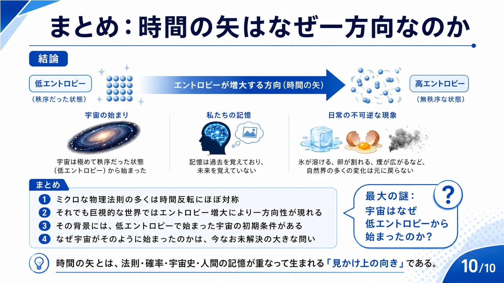 まとめ：時間の矢はなぜ一方向なのか