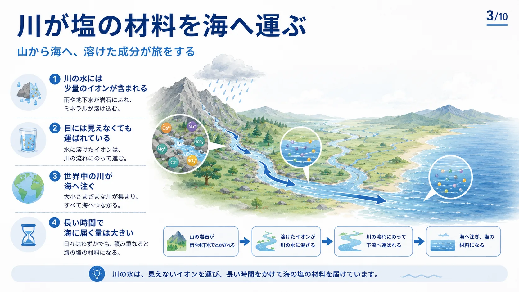 川が塩の材料を海へ運ぶ