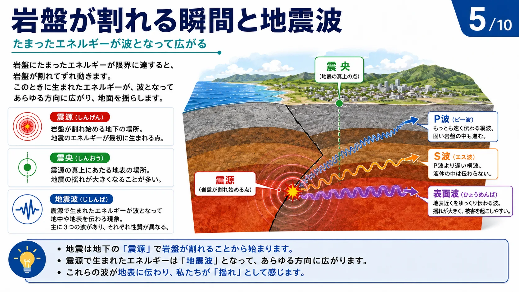 岩盤が割れる瞬間と地震波