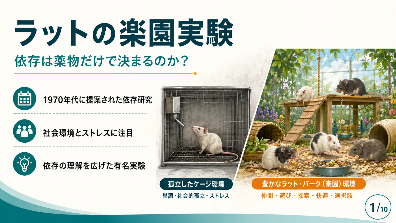 ラットの楽園実験（ブルース・アレクサンダー）の図解スライド